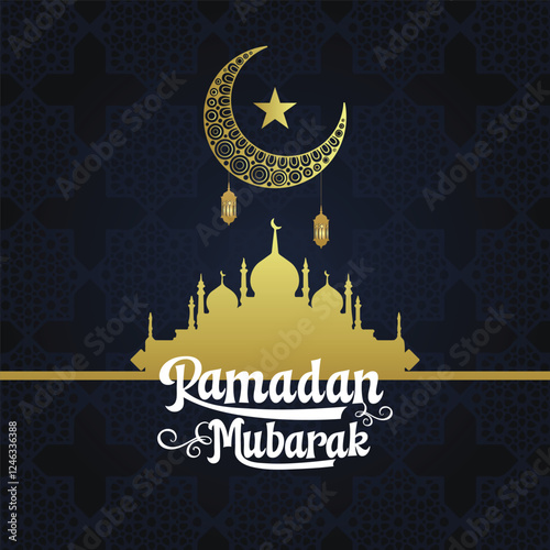 Happy Ramadan Mubarak Typography and background with islamic Mosque, moon, stars, mosque shapes for ramadan kareem, eid, milad un nabi, isra miraj muslim, banner, card design.