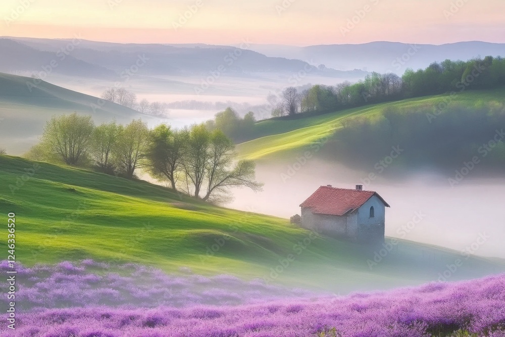 Misty Spring Morning in European Countryside Misty Spring Morning in European Countryside