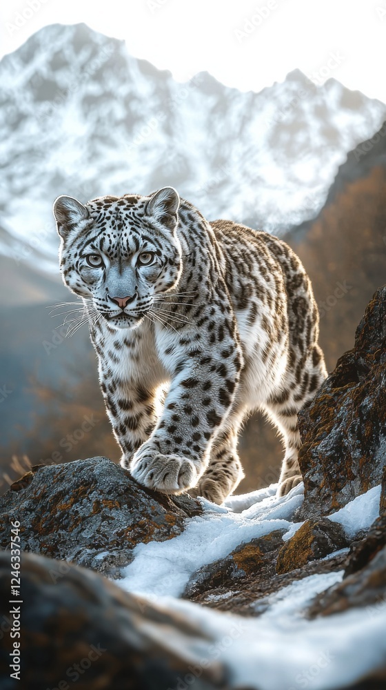 Snow leopard walking through rocky terrain in a mountainous landscape during the golden hour of sunrise Snow leopard walking through rocky terrain in a mountainous landscape during the golden hour of sunrise