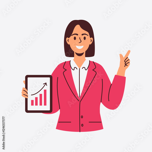 A confident businesswoman presents a tablet displaying an upward trending graph indicating growth and success