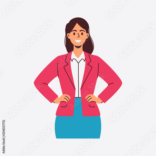 A confident businesswoman stands with her hands on her hips smiling