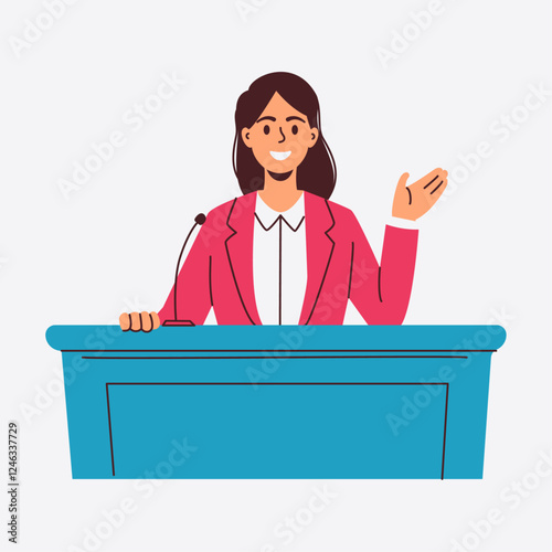 A confident woman delivers a speech from a podium