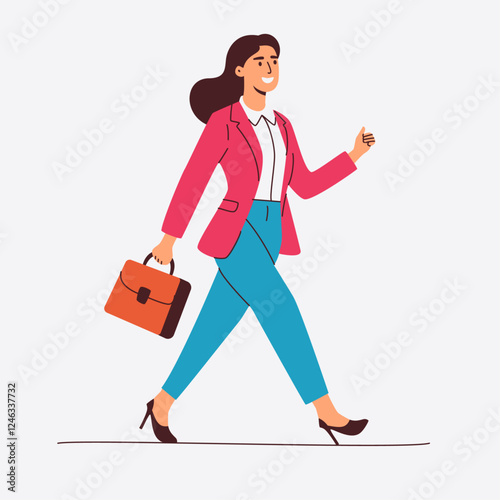 A confident businesswoman strides forward briefcase in hand with a cheerful expression