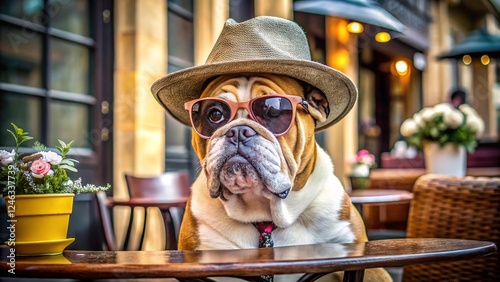 Brutal Dog wearing a hat and sunglasses on the background of a brightly coloured boutique with fashion accessories showing stylish fashion. Dog food advertising concept. photo