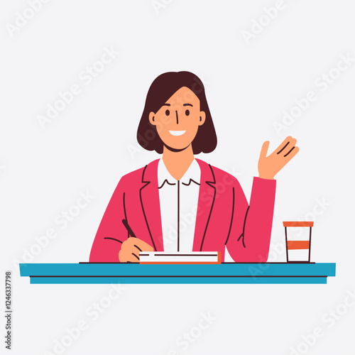 A smiling businesswoman sits at her desk taking notes and gesturing with her hand