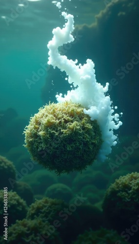 A wisp of fog curls around a submerged object, seaweed, water