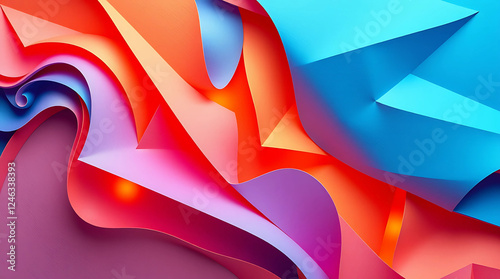 Abstract Paper Art Background with Colorful Curved Shapes - 3D Digital Design with Vibrant Red, Purple and Blue Gradient Waves - Modern Minimalist Illustration