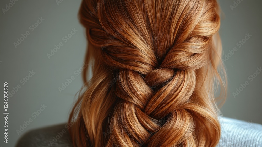 Fototapeta premium Beautiful Braided Hairstyle With Warm Auburn Tones Shown From Behind. Generative AI