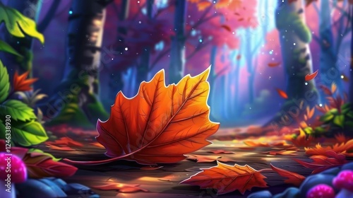 Wallpaper Mural Vibrant autumn scene featuring a large orange leaf on a forest path surrounded by colorful foliage Torontodigital.ca