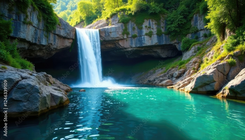 Fototapeta premium A waterfall cascading down a rocky cliffside into a crystal clear lake, flow, cascade, cliff