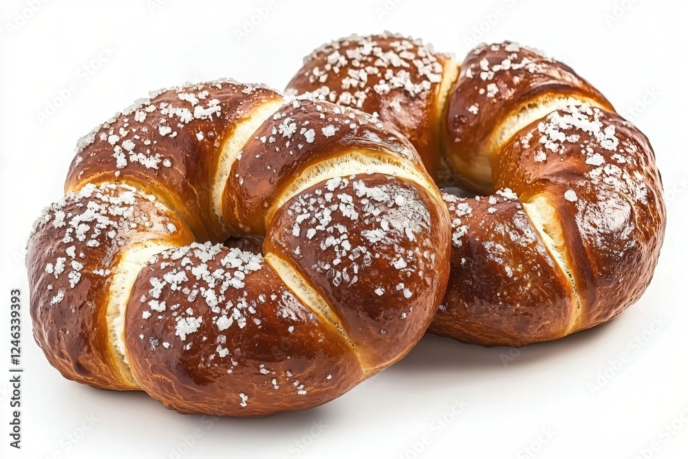 Two Delicious Bavarian Pretzels Sprinkled with Salt on a Clean White Background Close Up View Two Delicious Bavarian Pretzels Sprinkled with Salt on a Clean White Background Close Up View