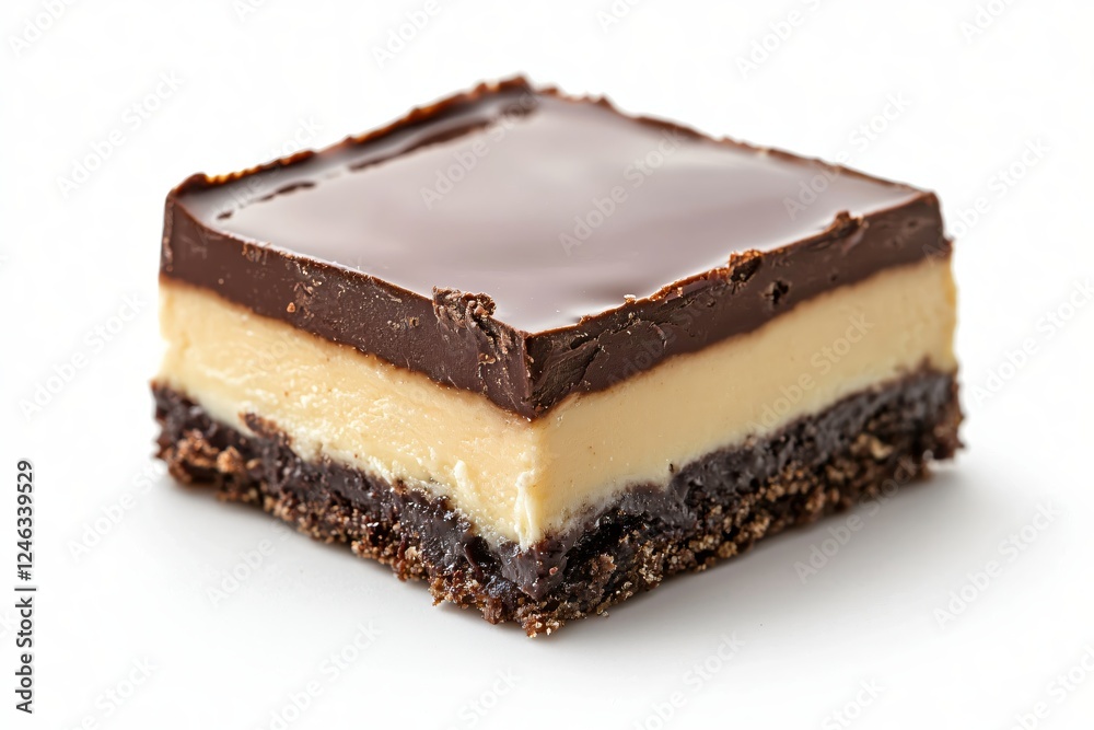 Delicious Nanaimo Bar Square with Chocolate Ganache and Custard Cream on White Background Delicious Nanaimo Bar Square with Chocolate Ganache and Custard Cream on White Background