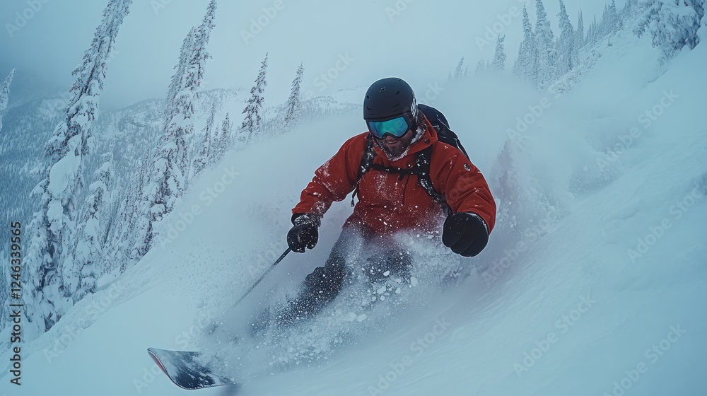 Skier carving through deep powder snow on a mountain slope. (1) Skier carving through deep powder snow on a mountain slope. (1)