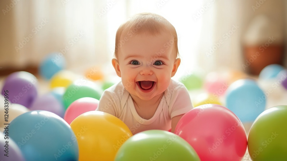 A Giggle-Filled Day: Happy Baby Amidst Colorful Balloons A Giggle-Filled Day: Happy Baby Amidst Colorful Balloons