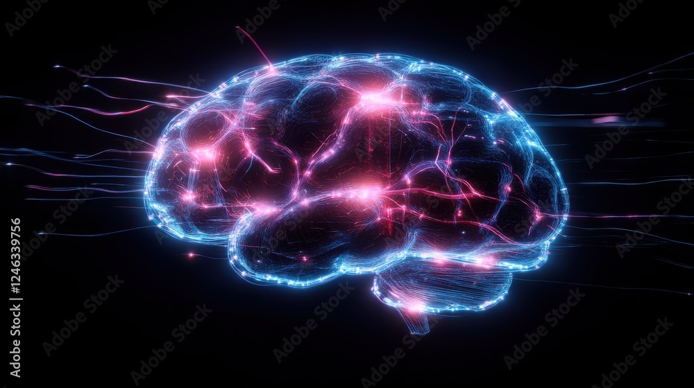Visual representation of a glowing brain with neural connections illuminating against a dark background showcasing cognitive activity Visual representation of a glowing brain with neural connections illuminating against a dark background showcasing cognitive activity