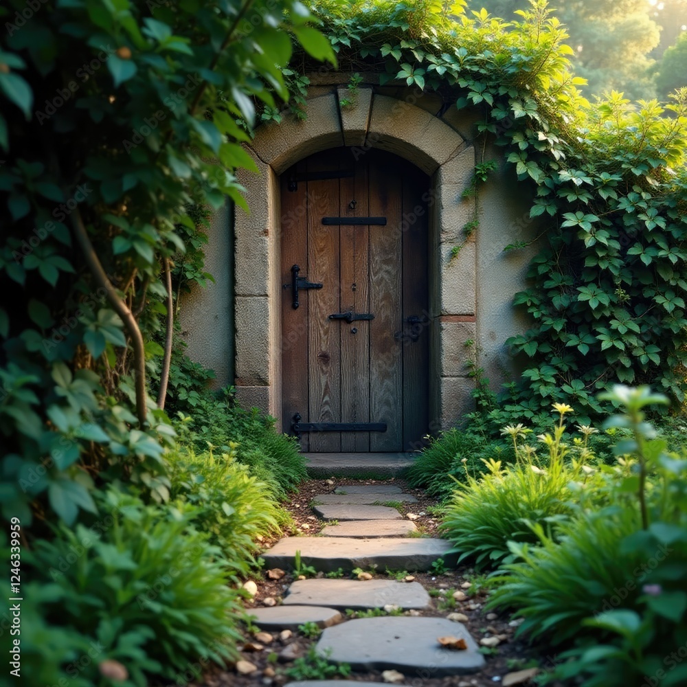 A weathered stone pathway leads to an enigmatic wooden door, Early Morning Light, Overgrown Garden, Faded Paint A weathered stone pathway leads to an enigmatic wooden door, Early Morning Light, Overgrown Garden, Faded Paint