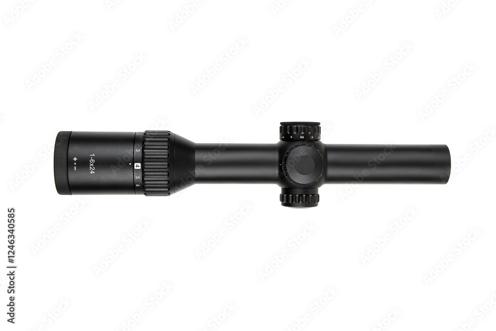 A black rifle scope with adjustment knobs and magnification settings, ideal for precision shooting and hunting. Isolate on white back A black rifle scope with adjustment knobs and magnification settings, ideal for precision shooting and hunting. Isolate on white back