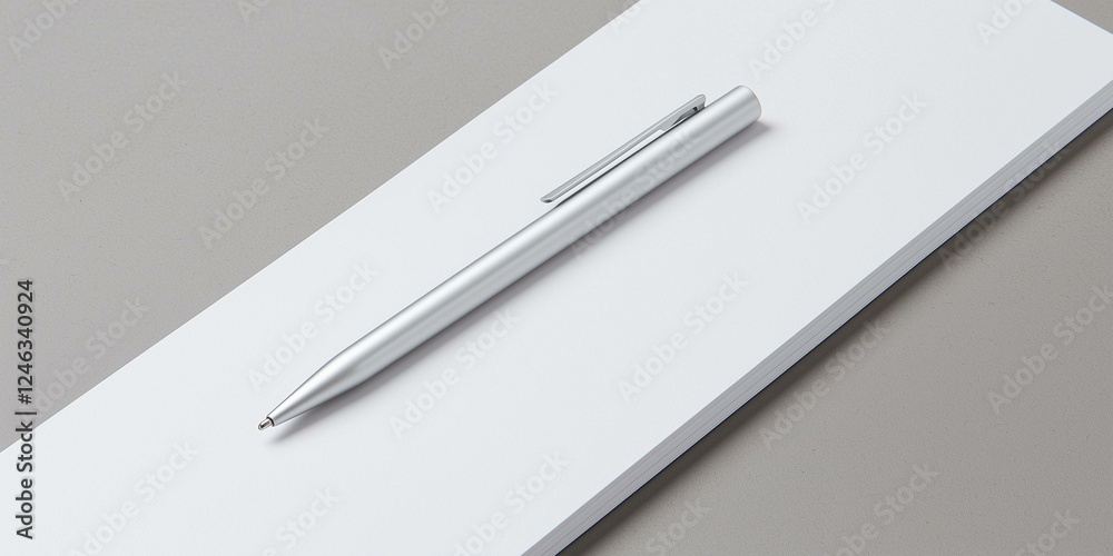 A sleek pen rests on a blank notepad, showcasing a minimalist design against a soft gray background.