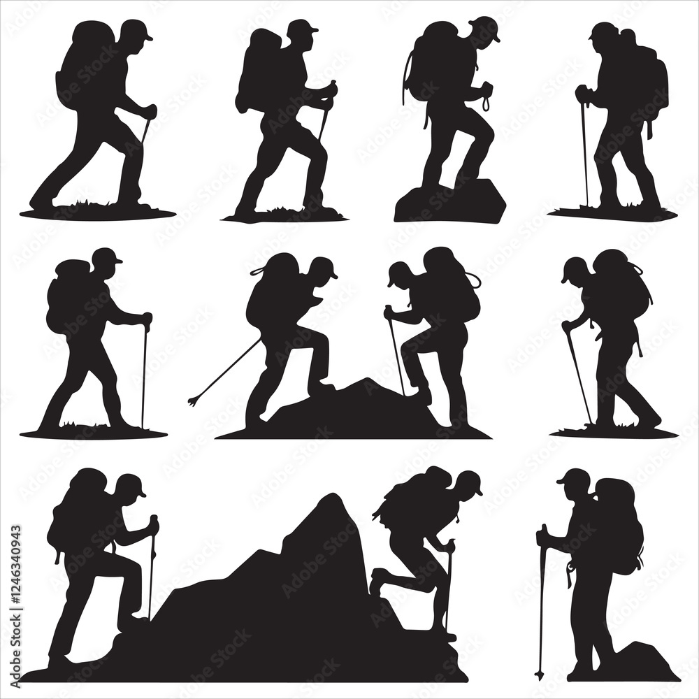 Naklejka premium set of vector various hikers silhouettes