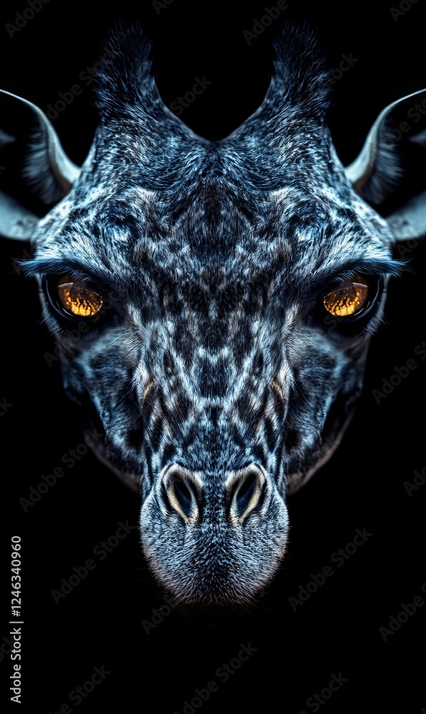 Naklejka premium Symmetrical giraffe portrait on dark background, intense stare, wildlife image