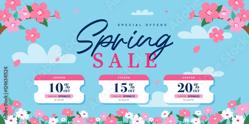 Spring Sale Coupon template banner vector design. Cherry blossom  branch and cosmos flower field background.