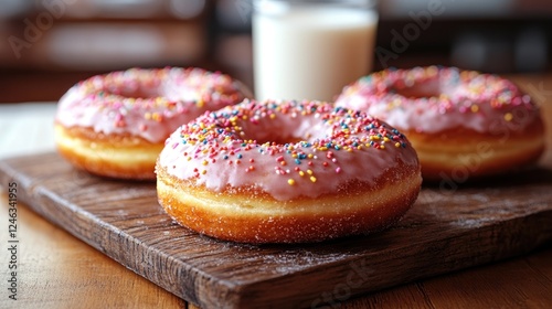 Pink donuts, sprinkles, milk, kitchen, breakfast photo