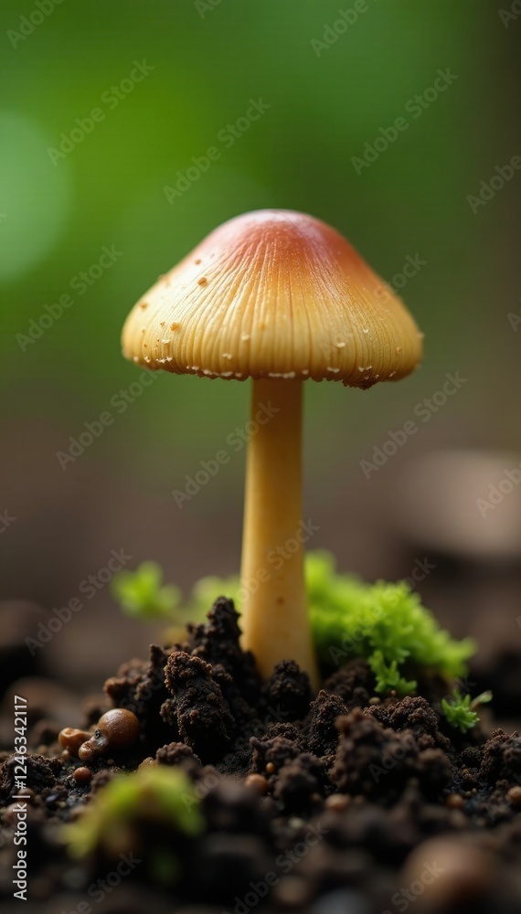 A single small brown mushroom with a rounded cap and short stem protruding from the soil, earthy, mushroom species A single small brown mushroom with a rounded cap and short stem protruding from the soil, earthy, mushroom species