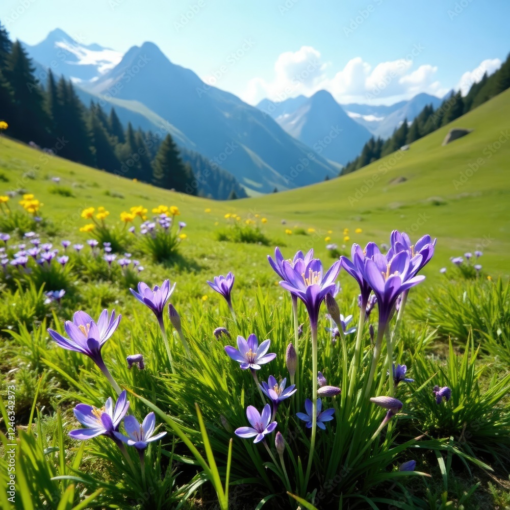 Obraz premium Alpine meadow landscape with Scilla bifolia alpine squill, flowering plants, alpine meadow