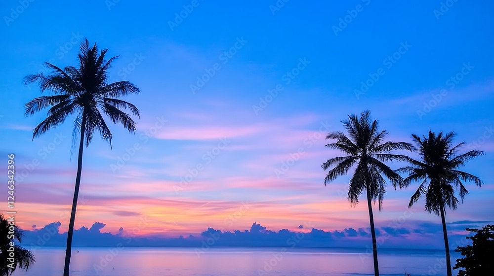 Fototapeta premium A Beautiful Sunset Over Calm Waters with Palm Trees Framing the Tropical Paradise