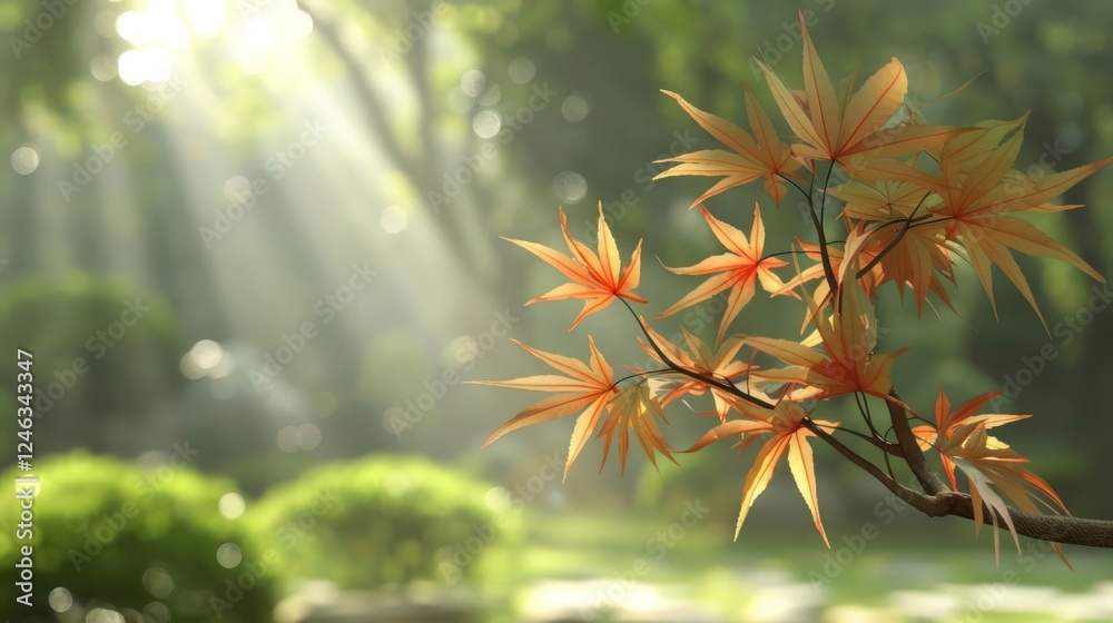Vibrant autumn leaves illuminated by sunlight in a serene garden setting with blurred greenery Vibrant autumn leaves illuminated by sunlight in a serene garden setting with blurred greenery