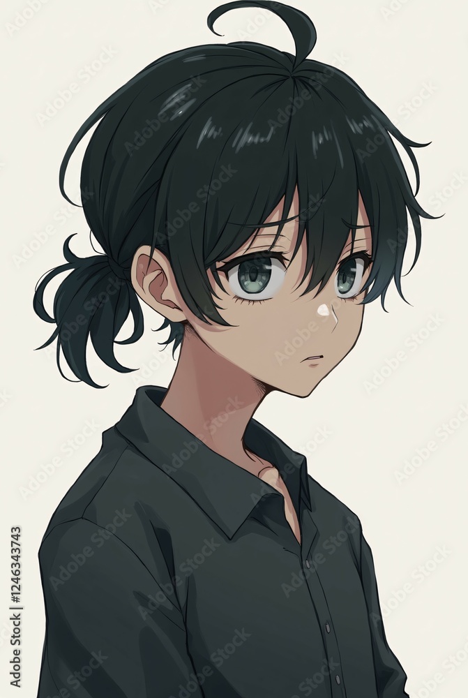 A Thoughtful Anime-Style Male Character With Black Hair in a Small Ponytail and Light Gray Eyes Wearing a Dark Shirt.
