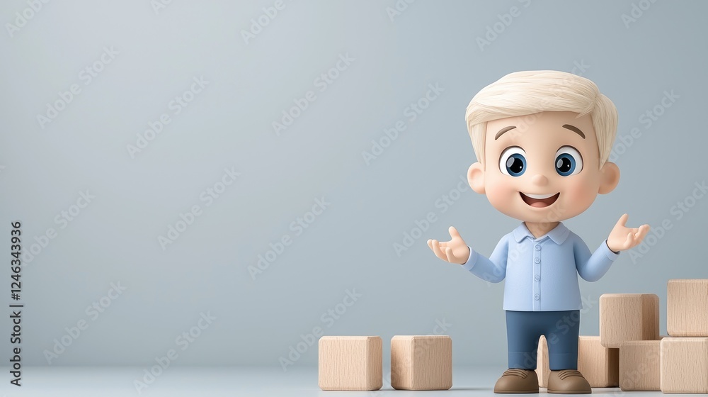 Happy boy playing with blocks, light background, copy space