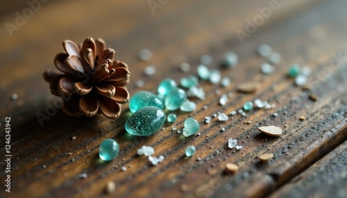 Tiny glass shards and pinecone fragments on the wooden floor, needle, wood, fibers photo