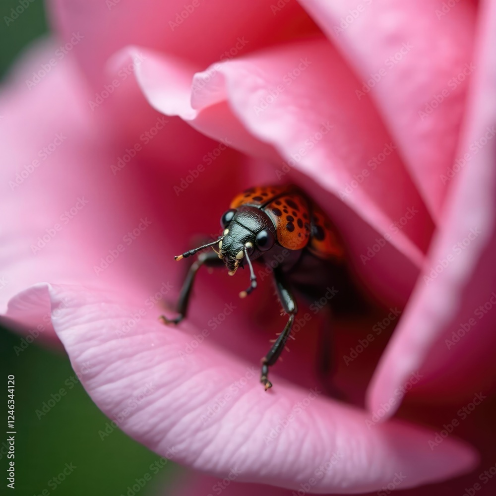 Tiny chafer beetle peeking from under rose petals, macrophoto, botanicalgarden Tiny chafer beetle peeking from under rose petals, macrophoto, botanicalgarden
