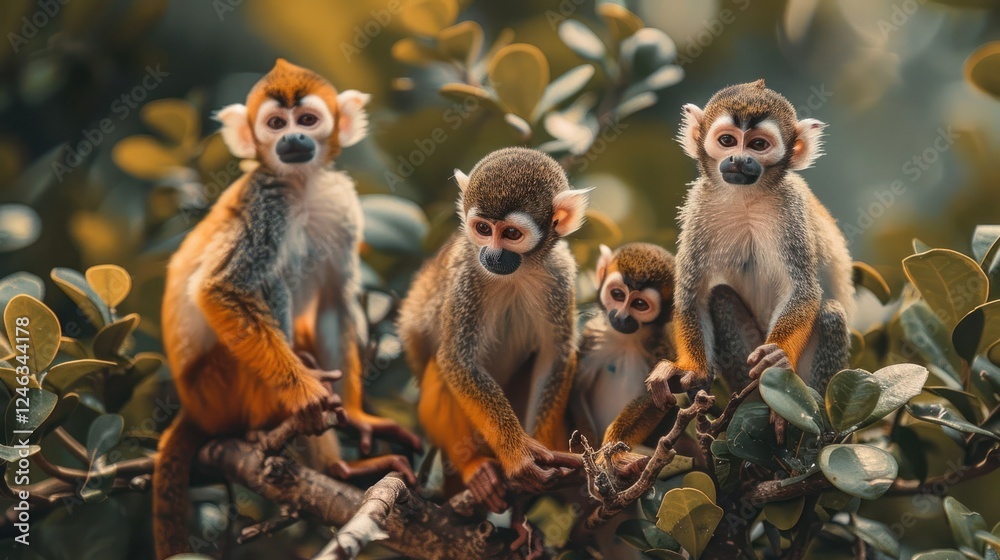 Four playful monkeys perched on a branch in a lush green environment, showcasing their vibrant fur Four playful monkeys perched on a branch in a lush green environment, showcasing their vibrant fur