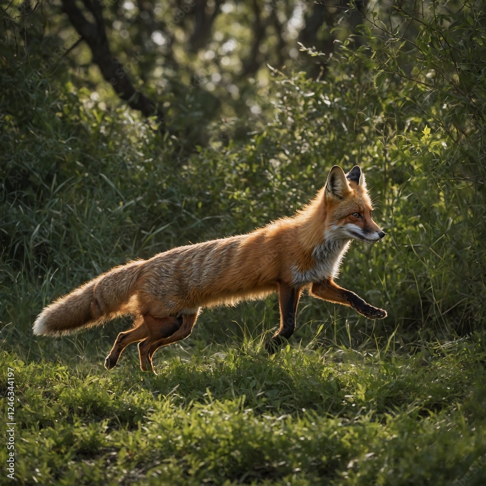 Fototapeta premium A red fox leaping through the undergrowth in pursuit of prey.