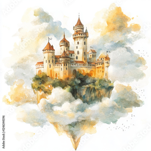 Watercolor castle with clouds. Floating fairytale dreamscape is truly magical photo