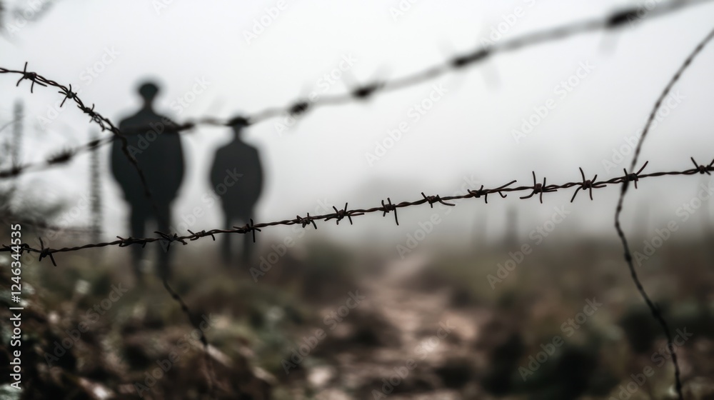 Soldiers in historic military gear in a foggy trench, surrounded by barbed wire, symbolizing wartime resilience and the legacy of combat history. Soldiers in historic military gear in a foggy trench, surrounded by barbed wire, symbolizing wartime resilience and the legacy of combat history.