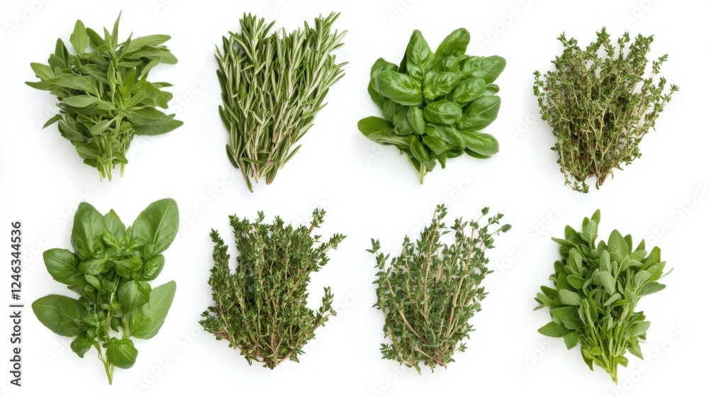 Obraz premium Assorted fresh herbs collection isolated on white: basil, rosemary, thyme, sage
