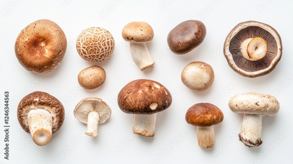 Variety of mushrooms on white background: shiitake, cremini, portobello, button, and brown mushrooms Variety of mushrooms on white background: shiitake, cremini, portobello, button, and brown mushrooms