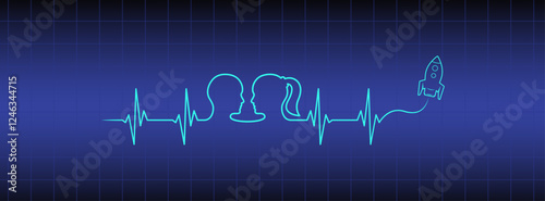 Editable blue medical wallpaper, love couple, man, woman head, spaceship rocket vector art. Heart rhythm ekg vector design to use for love, healthy lifestyle, emotion, romance concept projects. 