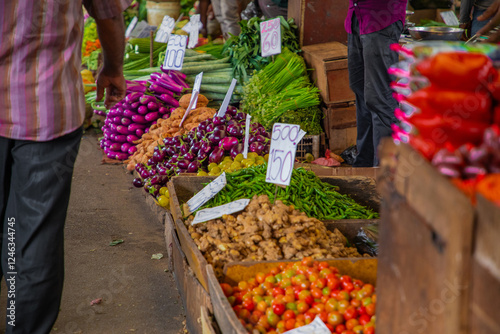 wide variety seasonal vegetables and fruits Crowded central food Market Colombo.