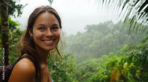 A joyful woman stands in a misty jungle, surrounded by lush trees, wearing a backpack and radiating positivity amidst the natural beauty. photo