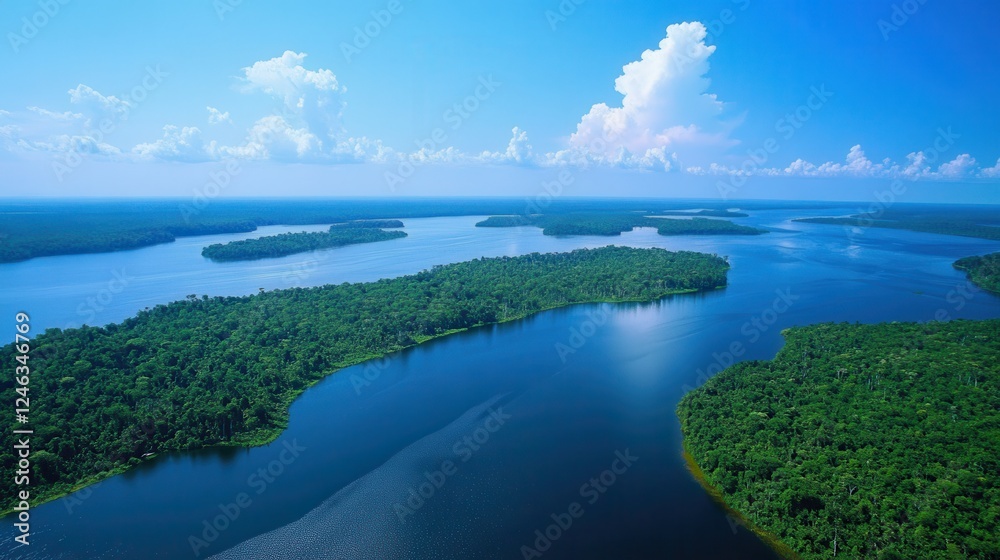 Aerial view showcasing a vast water body bordered by lush greenery and trees, highlighting the beauty of nature's landscape.
