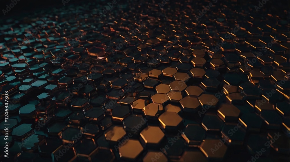 Obraz premium A textured surface of interlocking hexagons in dark tones with hints of golden orange light reflecting off them.