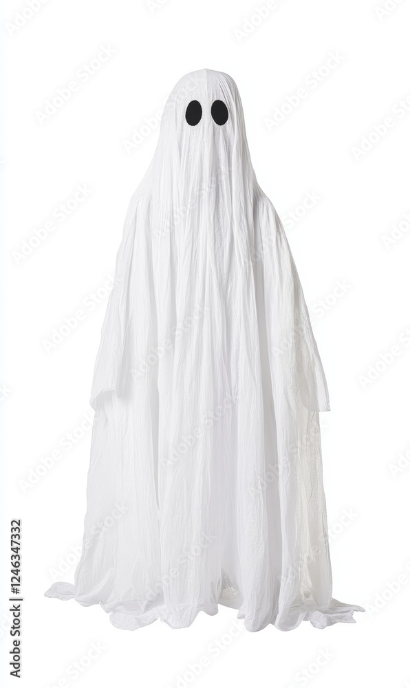 White ghost costume against white background, ideal for Halloween projects White ghost costume against white background, ideal for Halloween projects