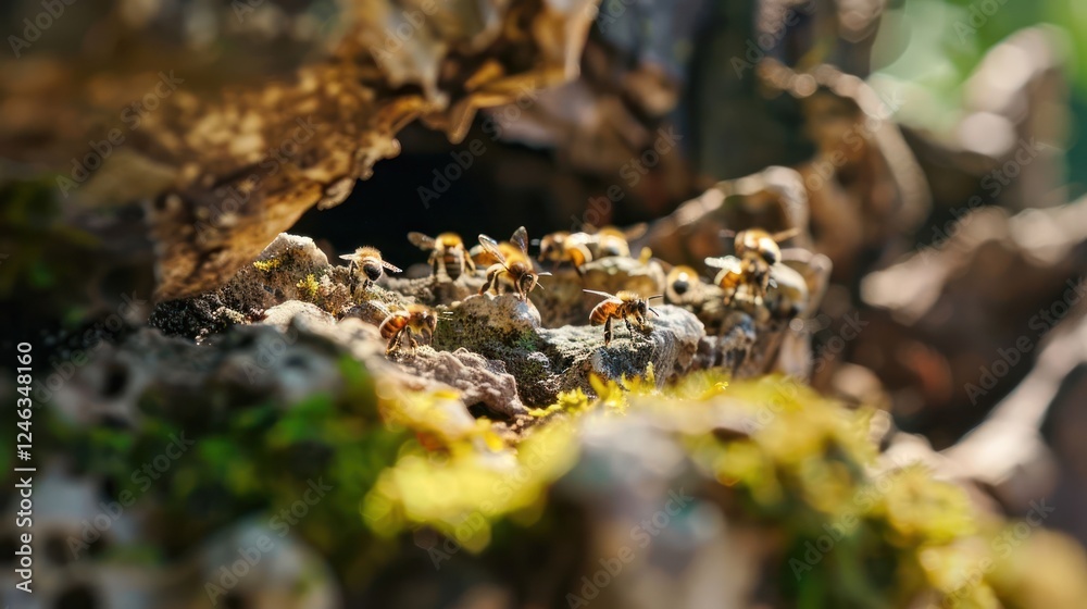 Close-up view of bees on a moss-covered log in a vibrant forest, showcasing nature's harmony Close-up view of bees on a moss-covered log in a vibrant forest, showcasing nature's harmony