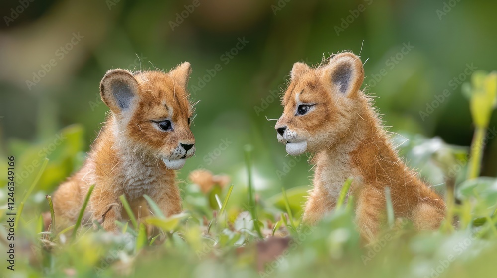 Obraz premium Two adorable lion cubs playfully interacting in a lush green environment, showcasing their curiosity