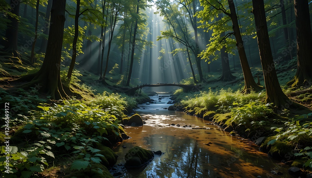 Obraz premium Sunbeams pierce a tranquil forest stream