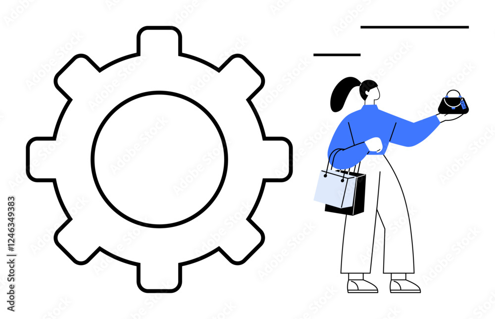 Woman holding a small purse and shopping bags next to large gear shape. Ideal for concepts productivity, work-life balance, consumer behavior, shopping, personal growth, efficiency, lifestyle Woman holding a small purse and shopping bags next to large gear shape. Ideal for concepts productivity, work-life balance, consumer behavior, shopping, personal growth, efficiency, lifestyle